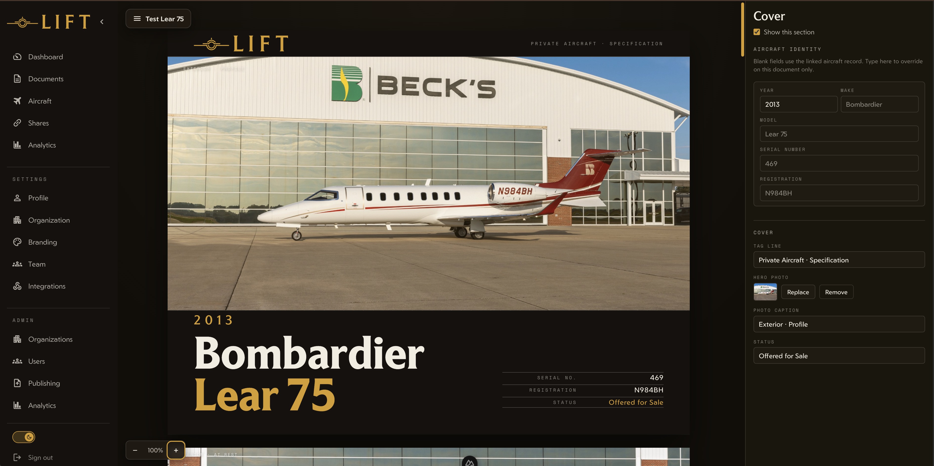 Lift CAO document editor open on a completed Bombardier Lear 75 spec-sheet cover