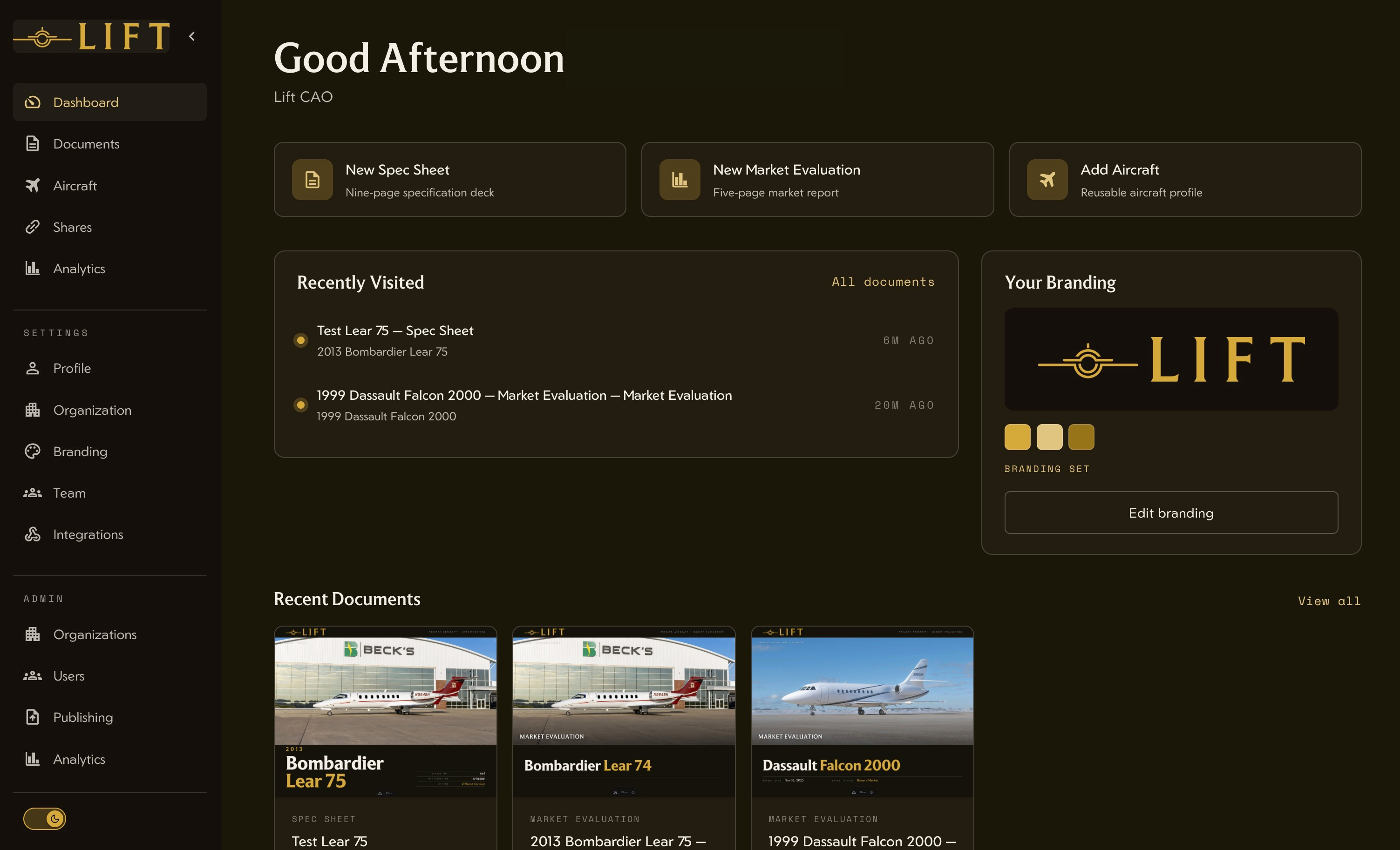 Lift CAO dashboard — quick-create buttons, recent documents, and branding