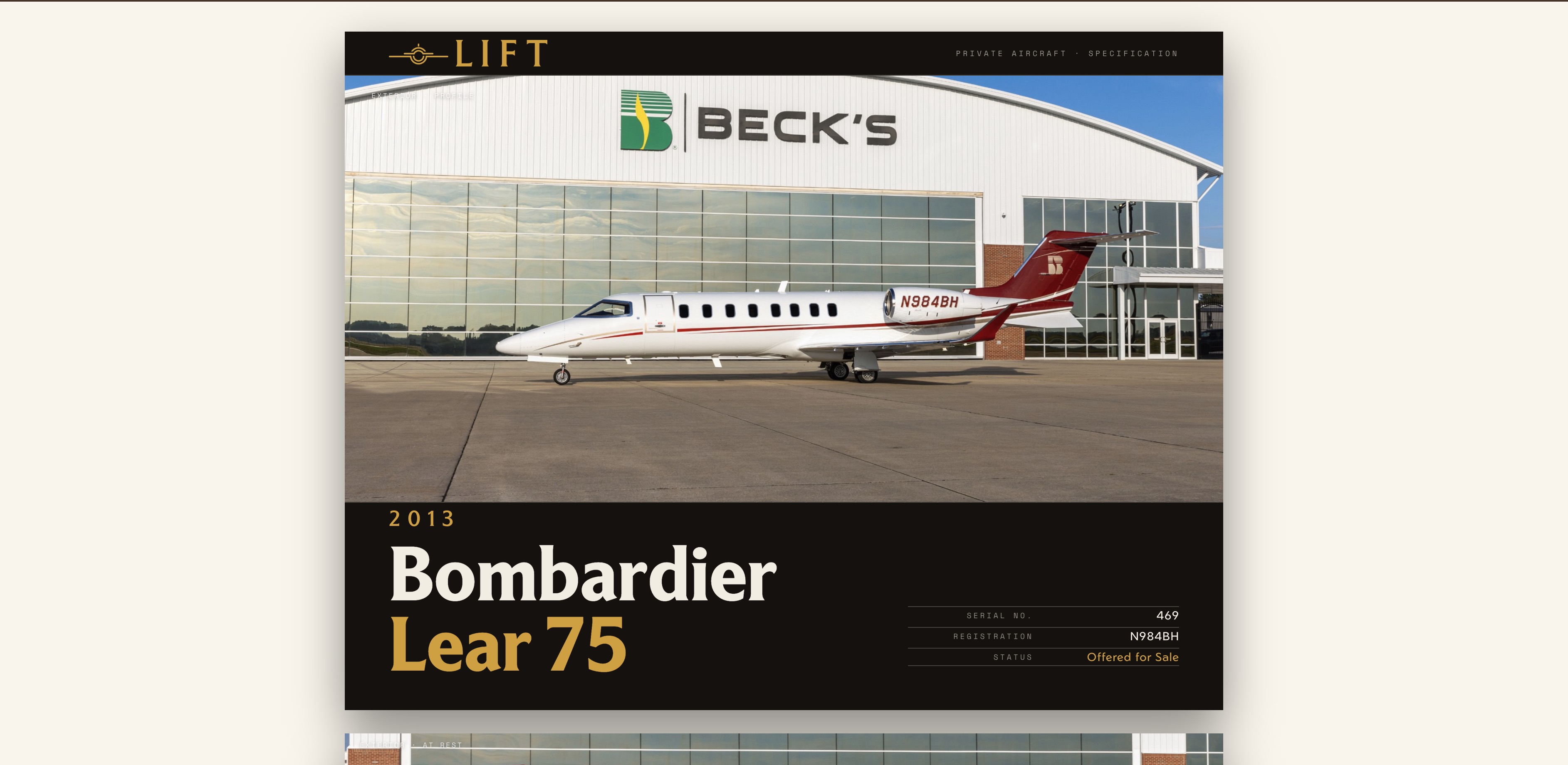 Lift CAO spec-sheet cover — 2013 Bombardier Lear 75