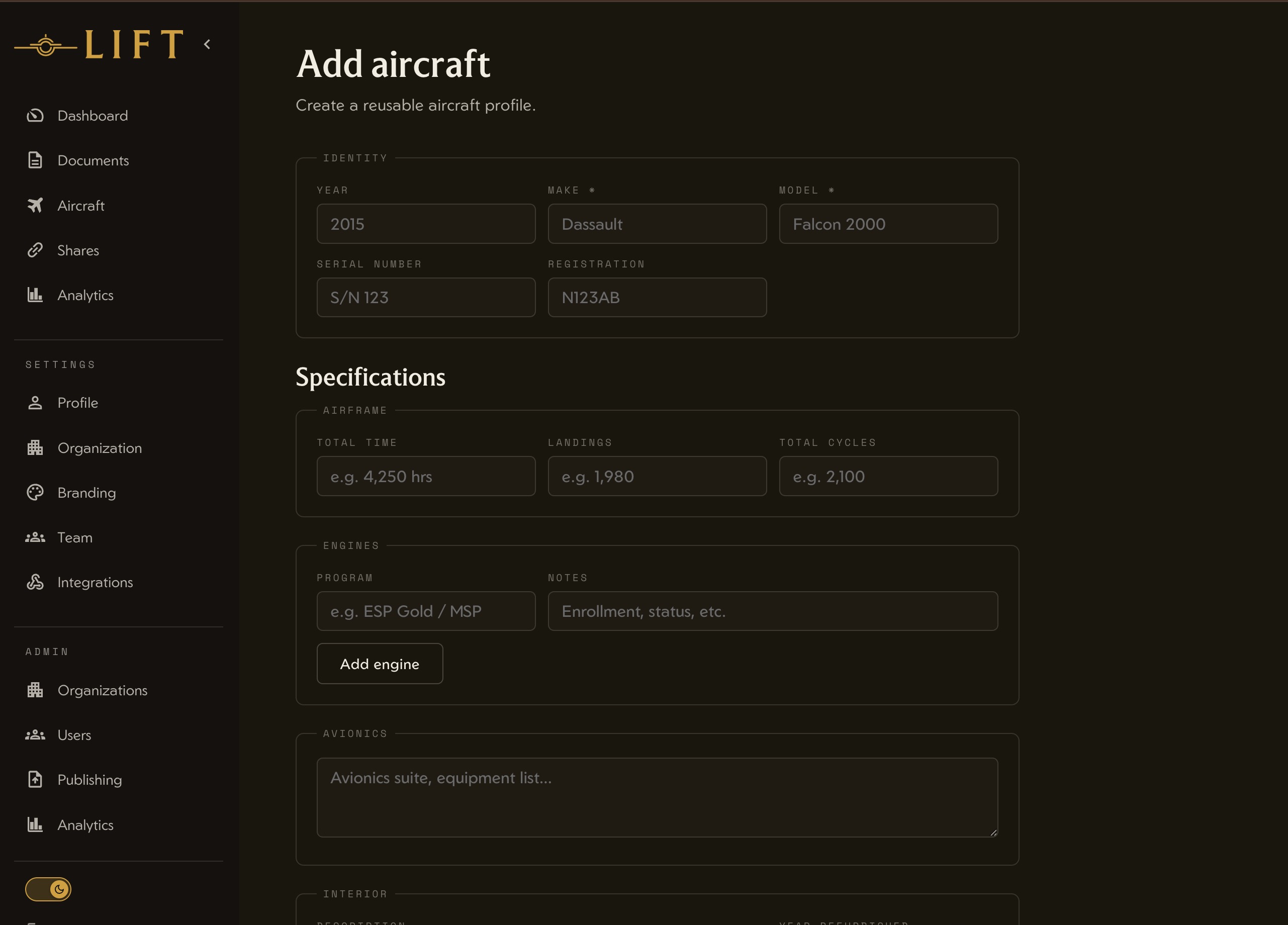 Lift CAO Add Aircraft form with identity and specification fields