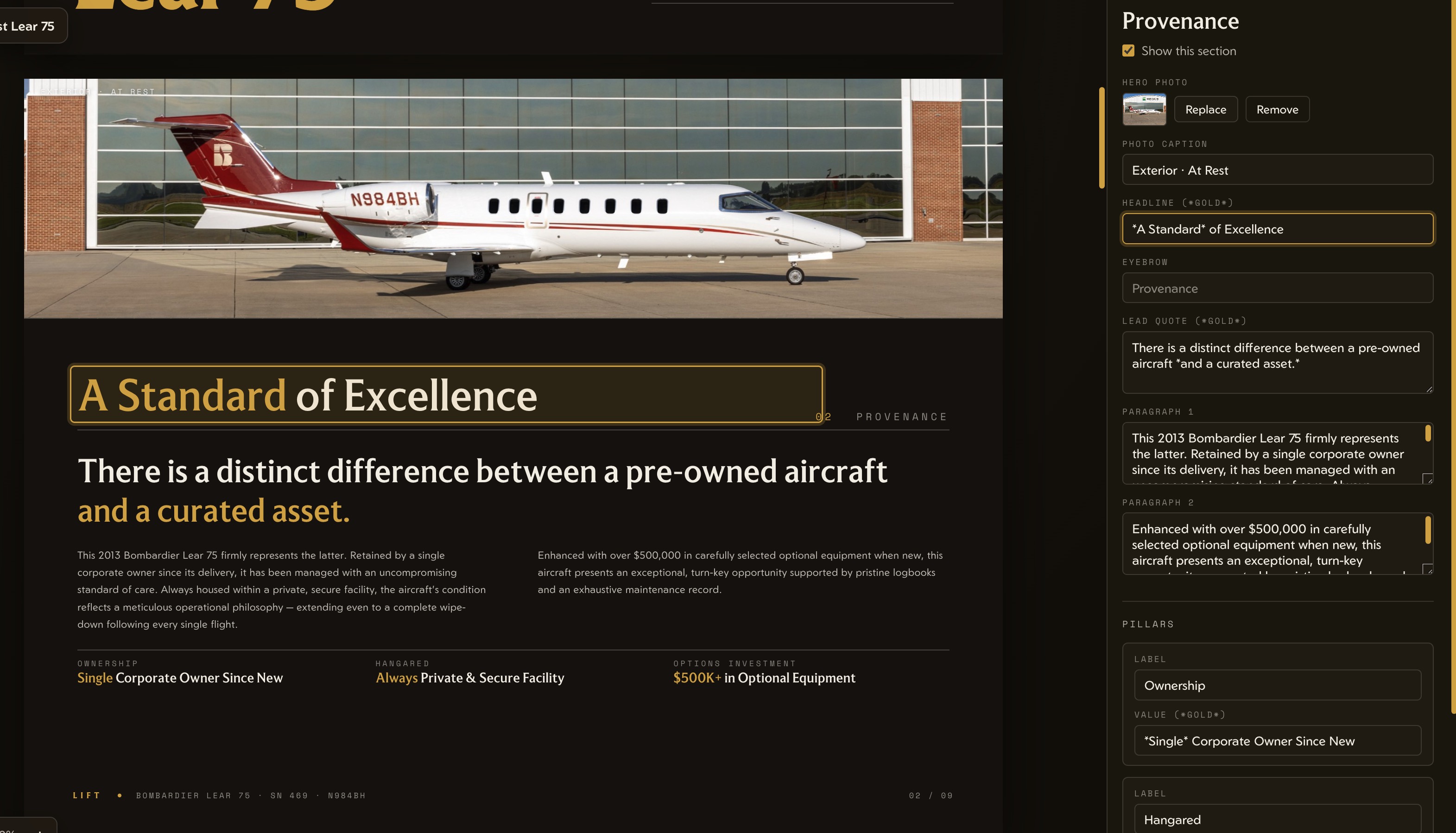 Lift CAO split editor — live document preview left, section edit panel right