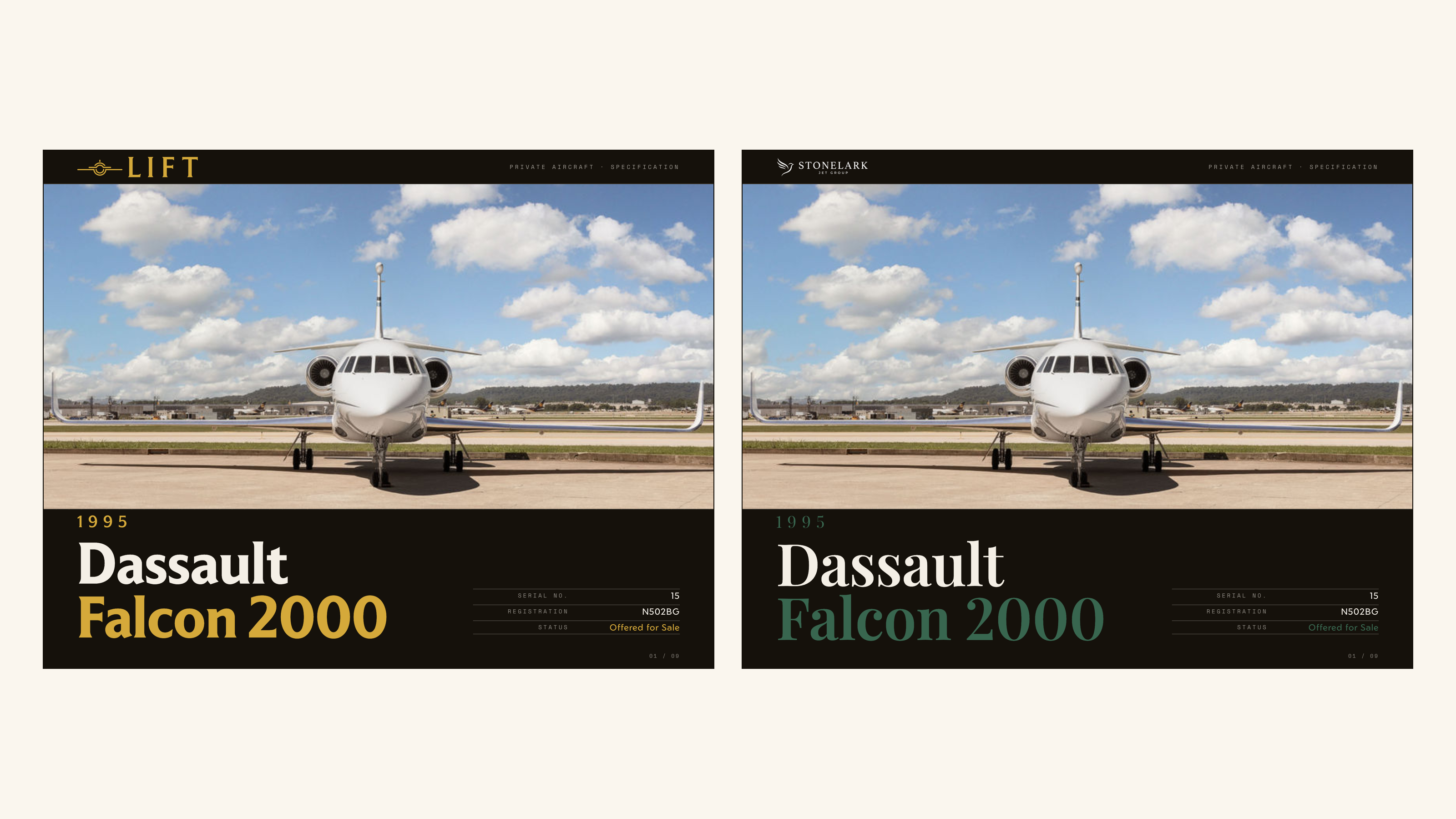 The same aircraft spec sheet cover rendered twice — once under Lift CAO's gold brand, once under a client brand's green palette and logo